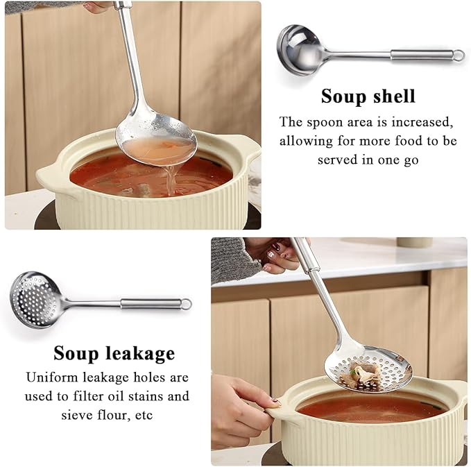 Stainless Steel Cooking Utensils Set 4 Pieces, Kitchen Tools Set Include Metal Spatula Set, Kitchen Skimmer, Soup Ladle, Kitchen Gadgets Essentials New Home Must Have