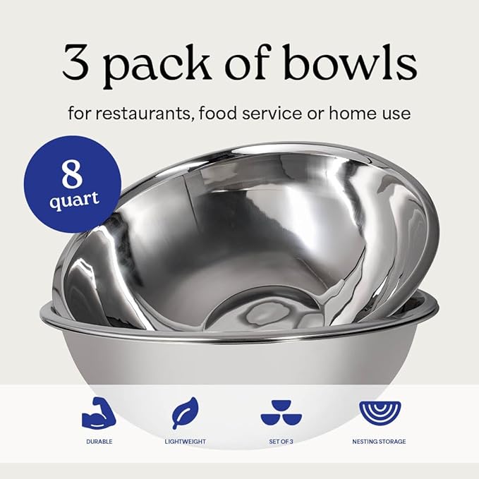 WHYSKO® Large Mixing Bowls, Set of 3 Stainless Steel 8 Quart Bowls for Restaurants, Food Service, Caterers and Home Kitchen Use, Rust Proof Bowls Great for Meal Prep, Baking, Serving, Food Storage