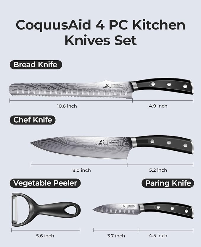 Essential 4-Piece Kitchen Knife Set,Sharp German Steel Knives Sets(Chef's Knife, Paring Knife, Bread Knife + Peeler) for Home Cooking BBQ,Gift Box included