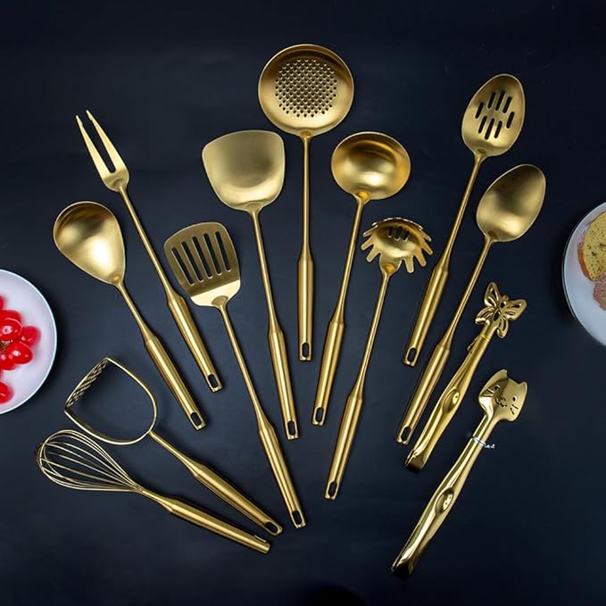 304 Stainless Steel Kitchen Utensils Set, 13PCS Metal Cooking Tools, Masher, Fork, 2Tongs, Solid Spoon, Slotted Spoon, Spatula, Whisk, Skimmer, Slotted Tunner, Soup Ladle, Spaghetti Spoon, Large Ladle