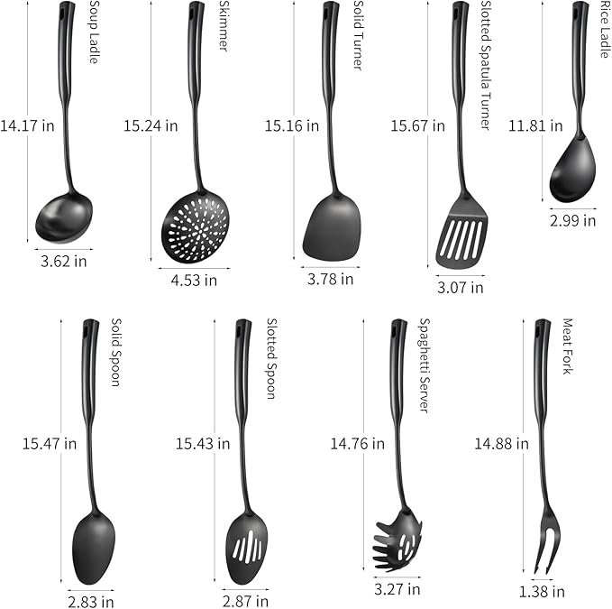 304 Stainless Steel Kitchen Cooking Utensils Set - 9 PCS Serving Utensils, Include Skimmer, Soup Ladle, Spaghetti Server, Wok Spatula, Slotted & Solid Spoon, Slotted Spatula Turner, Meat Fork (Black）