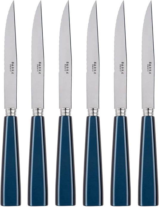 Set of 6 Serrated Steak Knives - Icône Collection - Meat Knives - Stainless Steel & Acrylic - Dishwasher Safe - Midnight Blue