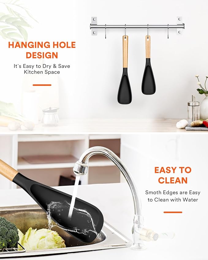 Multifunction Spatula Spoon for Nonstick Cookwares, Great for Cooking and Serving, Sturdy BPA-Free Matte Silicone, Wood Handle Spatula for Mixing, Scoop, and Scrape, Black(2 pack,11.4" & 13.4")