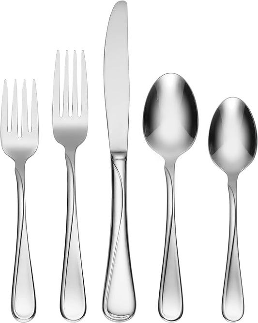 Oneida Silverware Set For 8, Flight 45-Piece Everyday Flatware Set with Serving Utensils, Service For 8, 18/0 Stainless Steel, Dishwasher Safe, Knives Spoons and Forks Set, Dining (Silver, 45 pieces)