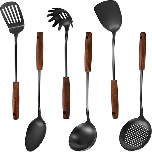 304 Stainless Steel Kitchen Utensils Set, 6 Pcs Long Cooking Utensils Set with Wooden Handle, Large Heat Resistant Kitchen Tools(Black, Dishwasher Safe)