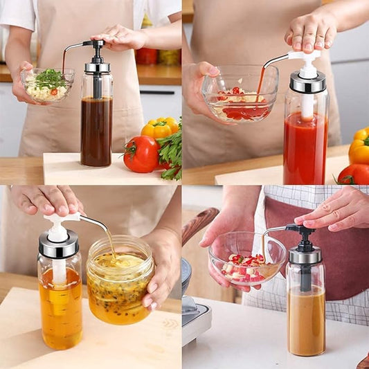 Condiment Press Bottles, Coffee Syrup Pump Dispenser- No Drip, Glass Pump Dispenser 17 OZ, Dispenser Great for Ketchup, Salad, BBQ Sauce,Honey, Oyster Sauce, Oil.(2 Pack)