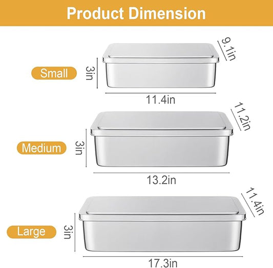 Stainless Steel Cake Pan with Lid, Set of 3 Large Baking Pan, 17/13/11 Inch Baking Sheet Lasagna Pan, Cake Pans with Cover, Rectangle Sheet Roasting Pan, Dishwasher Safe