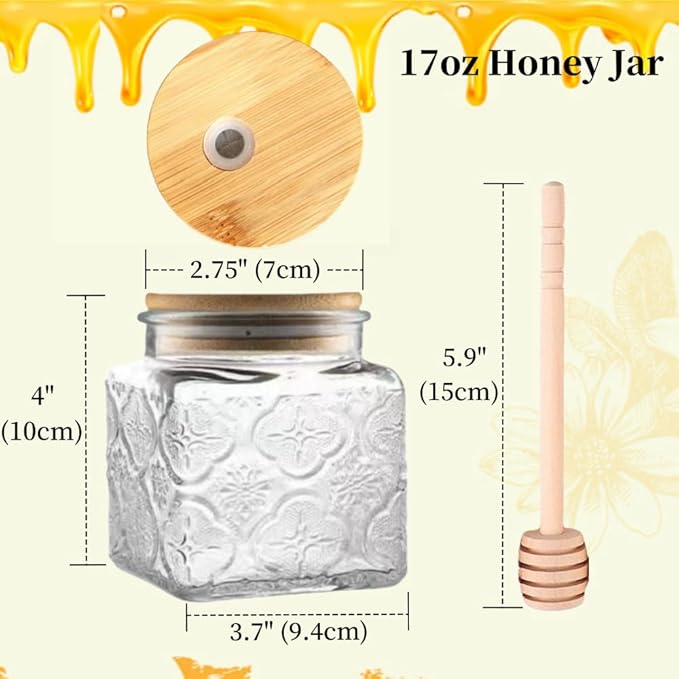 ANSQU Honey Pot, Airtight Glass Honey Jar with Bamboo Lid and Dipper Stick, Honey Container for Storing Jam Mason Jar for Home Kitchen, 17oz (Square Begonia, 1 Pack)