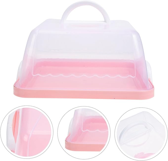 VICASKY 8'' Square Cake Box Portable Dessert carrier, plastic Bread with Handle, small Clear Packing Container for Transparent Carrier Lid Storage Desserts Handle-attached Server 8-inch Pink