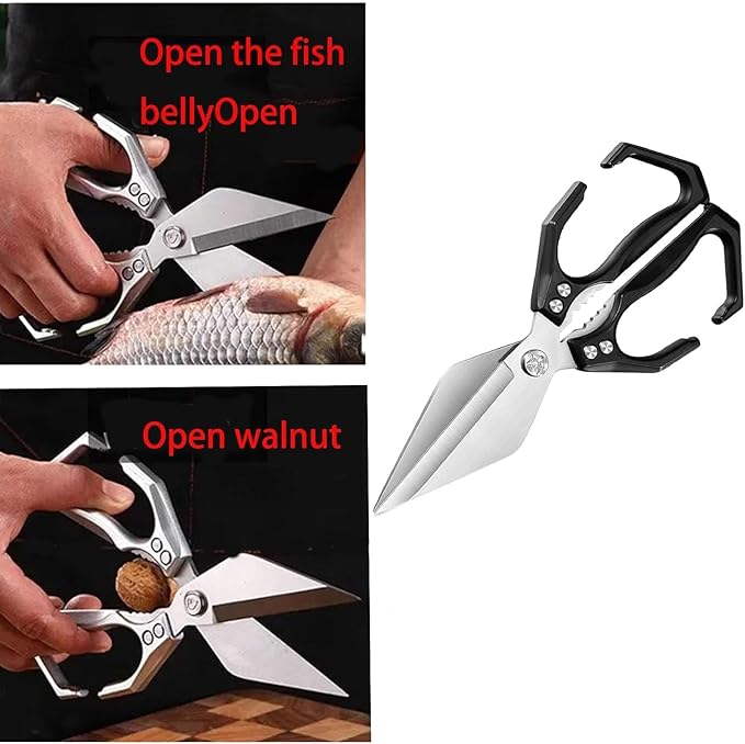 Seattleget Multifunctional Heavy-Duty Kitchen Shears, 2025 New 2 in 1 Ergonomic Kitchen Scissors, Poultry Scissors Heavy Duty Cut Bone, for Chicken, Meat, Seafood, Bone Cutting (Black)