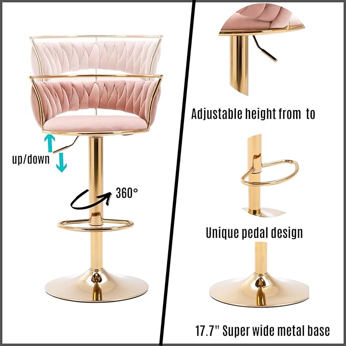 LukeAlon Velvet Adjustable Barstools Set of 4, Modern 360° Swivel Counter Stools with Golden Base Upholstered Open Back Tall Bar Chairs with Footrest for Home Kitchen, Pink