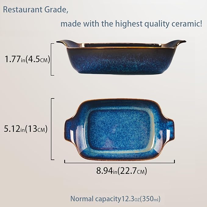 Ceramics Au Gratin baking Dishes Set of 2, Baking Tray Bake ware, 12.3 oz Ramekins, for Pie Pan, Appetizer, Tart, Dessert, Quiche, Oven Small dish, individual dishes, Rectangular 9 Inch