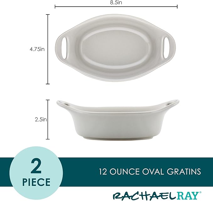 Rachael Ray Ceramics Au Gratin Set, Oval, Two 12-ounce, Light Sea Salt Gray