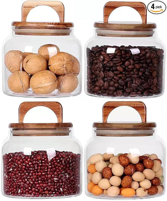 SAIOOL Glass Jars with Airtight Lid [Set of 4],Kitchen Canisters, Borosilicate Storage Containers,Retro Design, jars for Candy,Cookie,Rice,Sugar,Flour, Flour,Pasta,Nuts and Spice Jars