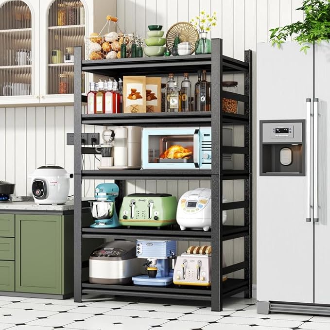 Metal Kitchen Shelf, Heavy Duty 5 Tier Adjustable Storage Shelf, 3000 lb. Load Capacity, Steel Dividers for Heavy Duty Tools and Cookware, Ideal for Kitchen, Pantry, Garage, Black