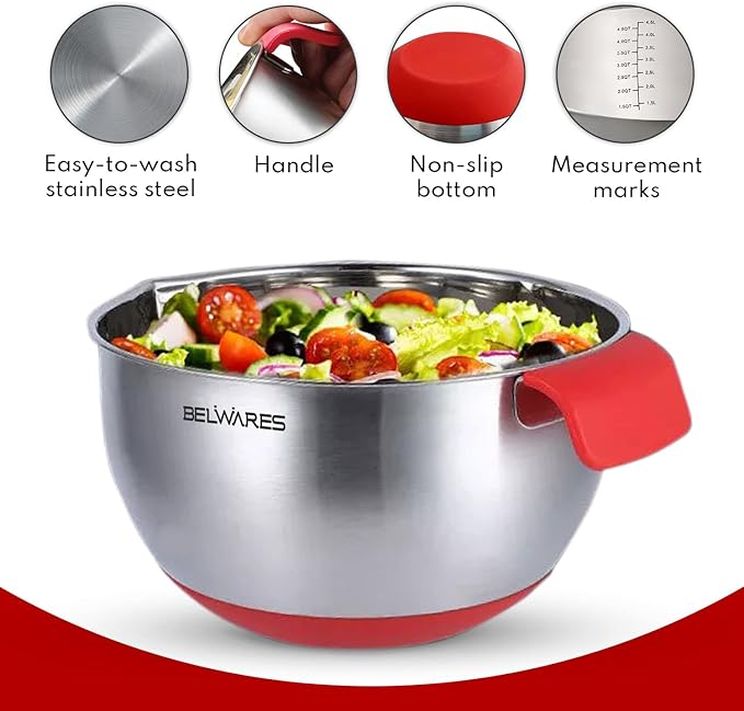 Belwares Mixing Bowls with Lids Set - 3-Piece Stainless Steel Nesting Bowls with Graters, Handles, and Airtight Lids - Non-Slip Mixing Bowls for Cooking, Baking, Prepping, and Food Storage (Red)