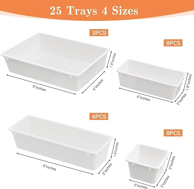 25 PCS Plastic Drawer Organizer Set, 4-Size Versatile Organizer Trays & storage Bins for Makeup, Jewelry, and Gadgets in Bathroom, Bedroom and Office, White