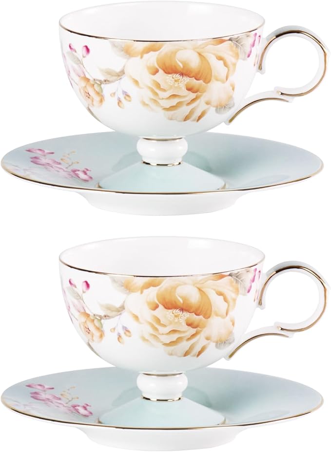 KAMMAK Ceramic Tea Cup and Saucer Set with Gold Trim, Yellow Peony Floral Pattern, Elegant Bone China Coffee Cup with Light Blue Saucer for Afternoon Tea, Gift for Women
