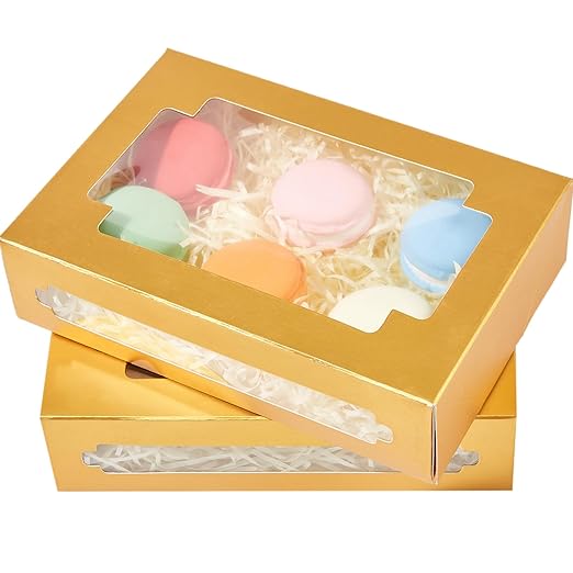 qiqee Cookie Boxes for Gift Giving 8x5.3x2 inch 24Packs Gold Treat Box with Window Bakery Box for Donuts Candies and Biscuit