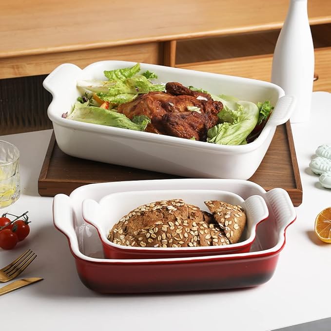 Sweejar Baking Pans Set, Ceramic 9x13 Baking Dish with Handle, Rectangular Casserole Dishes for Oven, Bakeware Sets of 3, Durable Lasagna Pan Deep for Kitchen, Banquet, Wedding Gift(Gradient Red)