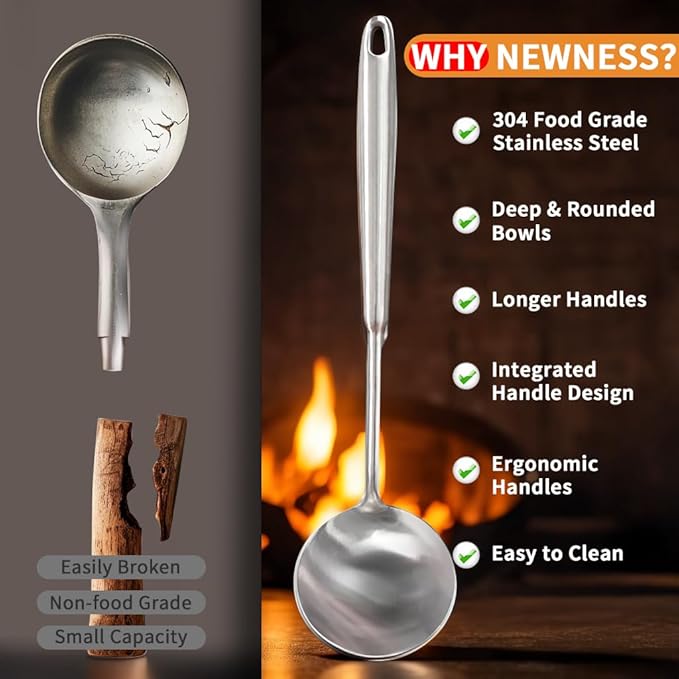 Deep Stainless Steel 13.7 Inches Newness Soup Ladle,[Rustproof, Heat Resistance, Integral Forming]Resilient 304 Stainless Steel Soup Spoon with Vacuum Ergonomic Round Handle, Cooking Spoon for Kitchen