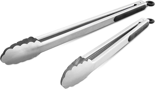 304 Stainless Steel Kitchen Cooking Tongs, 12" and 14" Set of 2 Sturdy Grilling Barbeque Brushed Locking Food Tongs with Ergonomic Grip, Black
