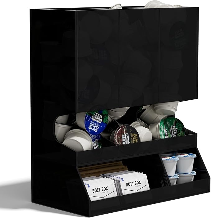 AITEE Modern Black Acrylic Coffee Pod Holder, 3-Compartment Dispenser Organizer for 30 K Cups, Sleek Smudge-Proof Design, Countertop Rack for Kitchen, Breakroom, Pantry, 8.9" L x 4.6" W x 10.2" H