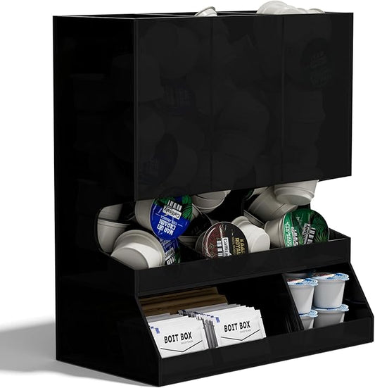 AITEE Modern Black Acrylic Coffee Pod Holder, 3-Compartment Dispenser Organizer for 30 K Cups, Sleek Smudge-Proof Design, Countertop Rack for Kitchen, Breakroom, Pantry, 8.9" L x 4.6" W x 10.2" H