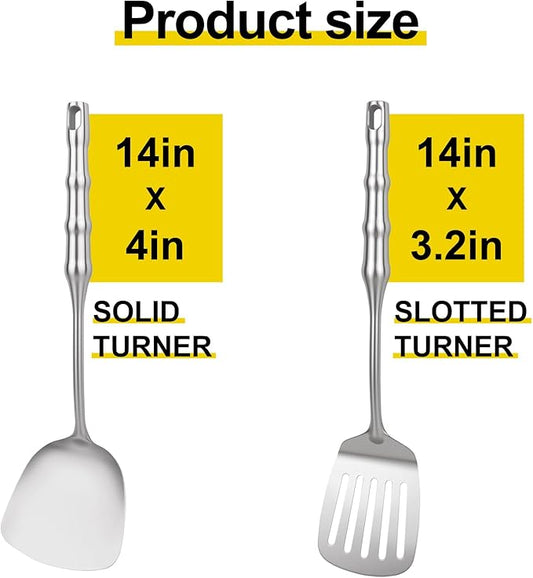 Stainless Steel Cooking Utensils Set Kitchen Tools Set, 2pcs Metal Utensils for Cooking, 14 inch Long Wok Utensils Set