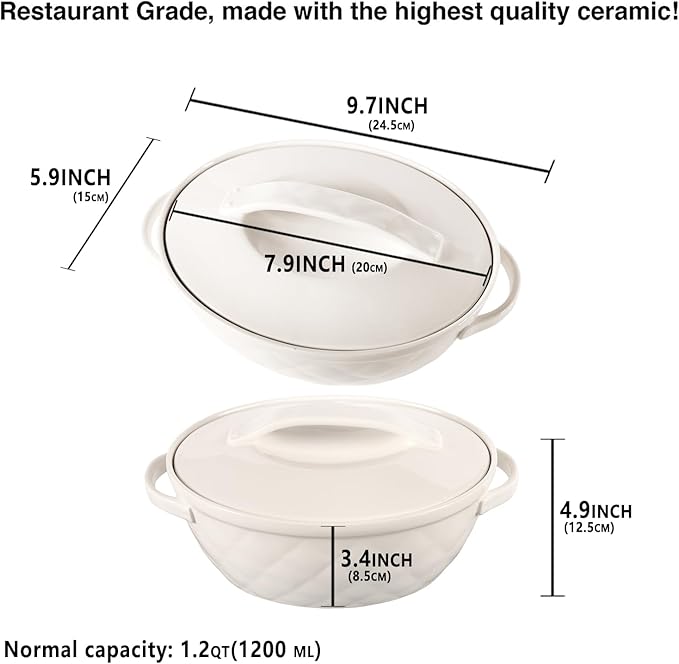 Oval Casserole Dish 1.2 Qt, French Onion Soup Ceramic Bakeware with Lids, Ceramic Cocotte, Baking Dish with Lids and Handles, Microwave, Dishwasher, Oven Safe