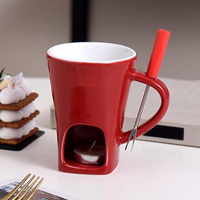 Fondue Mug Chocolate Melting Cup Cookware Candy Hot Pot, Personal Melted Chocolate Fondue Set Of 3, Ceramic Meltie Cup With Fork & Candle, Sweet Mugs For Cooks Kids Adults