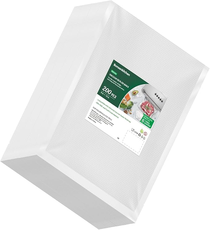 Bonsenkitchen Precut Vacuum Sealer Bags 200 Quart 8" x 12", BPA Free, Commercial Grade Textured Food Vacuum Sealer Bag, Thick Embossed Bags for Storage and Sous Vide Cooking VB3208