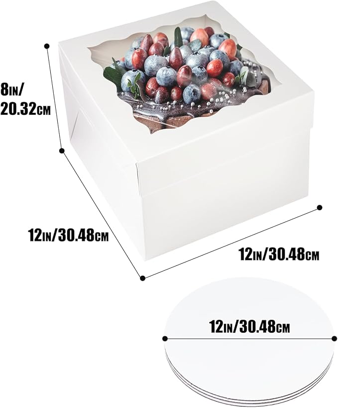 qiqee White 12x12x8 Cake Box, 4 Sets White Cake Box with Window ＆ 4 Sets 12" White Cake Round Boards, 12inch Cake Containers