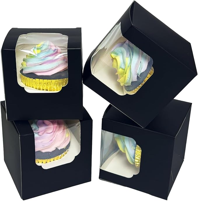 Bakepacker Auto-pop up Cupcake Boxes 30-Packs Individual Cupcake Container Black 3.5" x 3.5" x 3.5" Single Cupcake Boxes