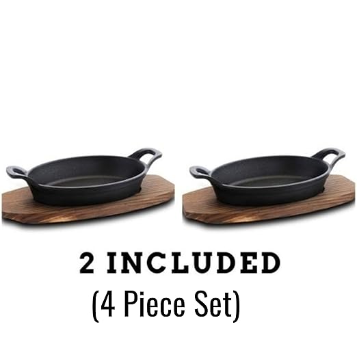 Bruntmor Mini Cast Iron Sizzler Plates Skillet Set Of 4. Oval Fajita Plate With Wooden Base/Pan Tray Serving Sizzling Dish And Fajitas, Hot Steak Skillet Dish Without Sinking (2 Sets)