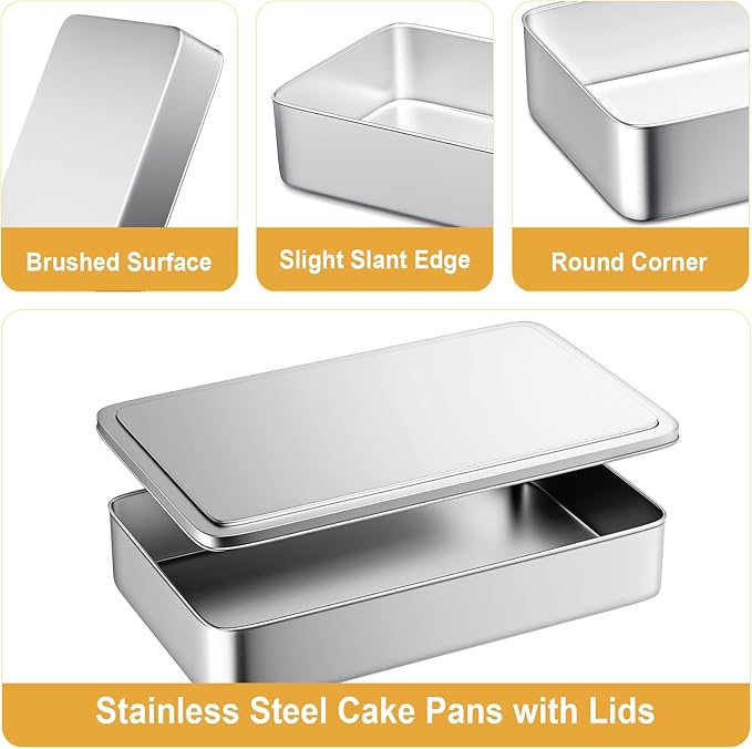 Stainless Steel Cake Pan with Lid, Set of 3 Large Baking Pan, 17/13/11 Inch Baking Sheet Lasagna Pan, Cake Pans with Cover, Rectangle Sheet Roasting Pan, Dishwasher Safe