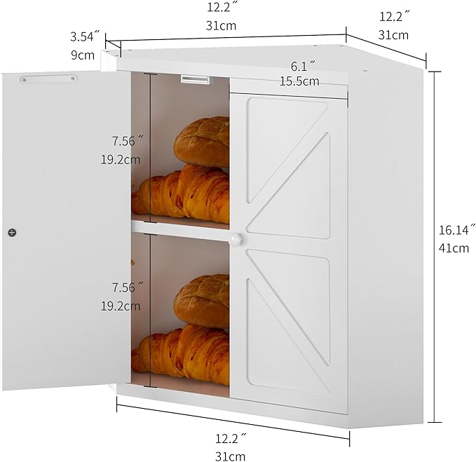 Corner Bread Box for Kitchen Countertop,Storage Container for Homemade Bread, Double Layer BreadBox, Large Capacity Bread Storage Bin, Vintage Farmhouse Breadbox Organizer,White