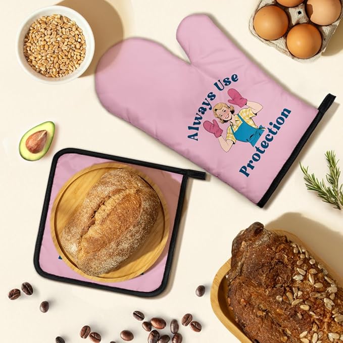Always Use Protection Oven Mitts and Pot Holders Sets, Funny Retro Kitchen Oven Mitts for Baker, Housewarming Gifts for Foodies Housewives Baker Lover, Hostess Gifts for Mom, Baking Present