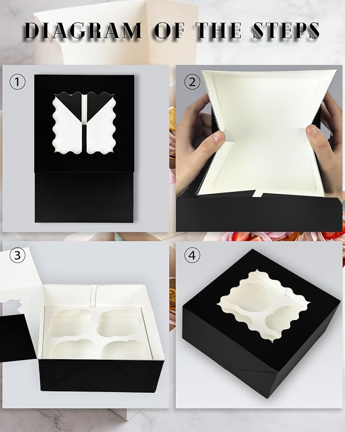 Bakepacker Auto-pop up 4 Cupcake Boxes with Window 20 Count Black Box 6.3 x 6.3 x 3inch Cupcake Carrier