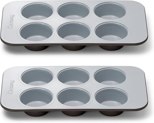 Caraway Nonstick Ceramic 6 Cup Muffin Pan Duo – Non-Toxic, PTFE & PFOA Free – Oven Safe – Aluminized Steel Core – Small Muffin Pan for Baking Cupcakes, Muffins & More - Black