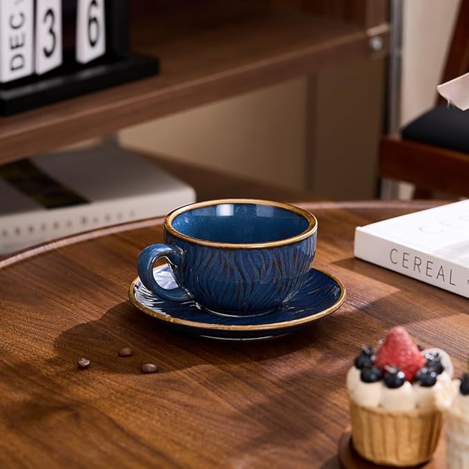 Vintage Design 12 oz Ceramic Latte Art Cappuccino Barista Cup with Saucer (Wave Blue)