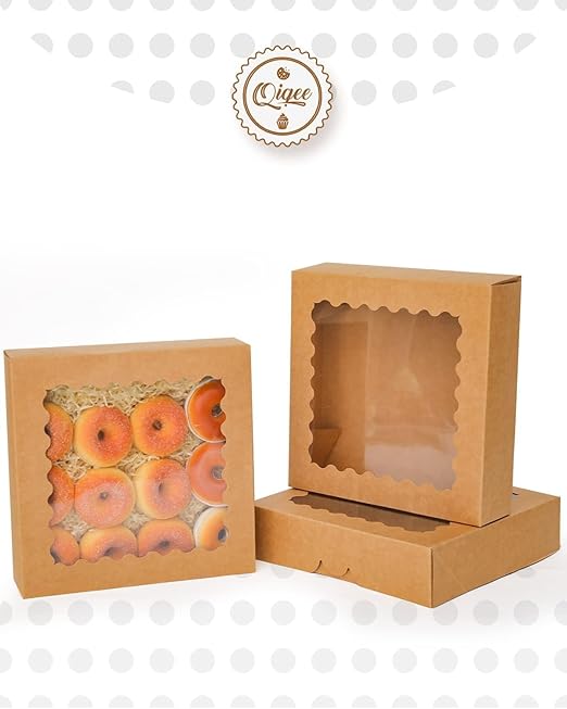 qiqee Auto-pop Up Brown Pie Boxes with Window 10x10x2.5 inch 20Packs Cookie Donut Bakery Box