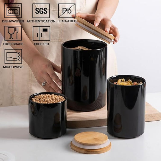 Sweejar Ceramic canisters for kitchen counter,Stackable Food Containers Set with Airtight Seal Bamboo Lid for Serving Ground Coffee, Tea, Spice, Flour and Sugar-Set of 3 (Black)