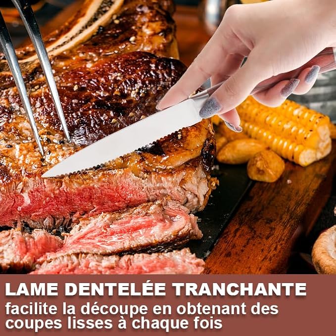 Pakkawood Steak Knives Set of 6, 6PCS Set of Stainless Steel Serrated Steak Knives with Pakka Wood Handle, Fine Edge Dinner Knife Set with Gift Box for Home Party