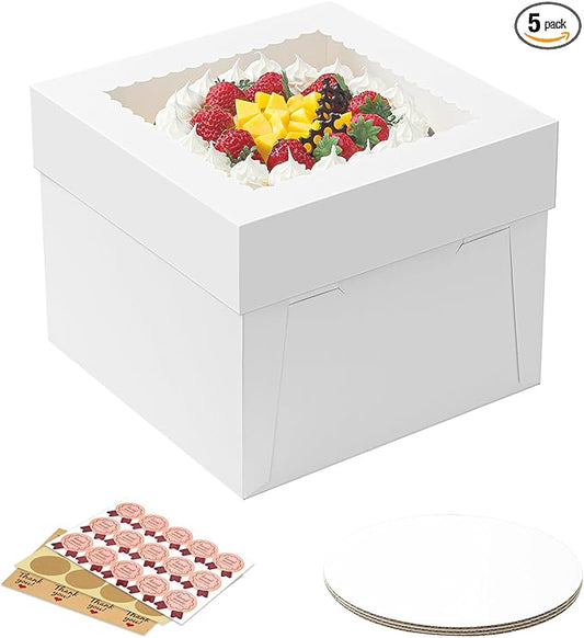 5 Pack Cake Boxes, 10x10x8 Inches Tall Cake Box with Cake Boards, White Bakery Boxes with Window, Disposable Cake Containers with Lids for Cake, Donuts, Pies, Cookies, Wedding, Birthday, Party