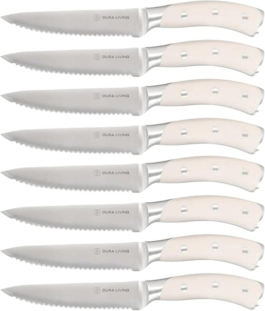 8-Piece Serrated Kitchen Steak Knife Set – Forged High Carbon Stainless Steel, Ultra Sharp, Ergonomic Black Handles, Durable Dinner Knives, Cream Handle