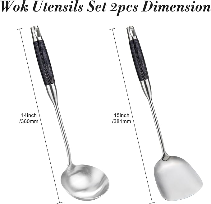 FJNATINH Wok Spatula and Ladle Set - Wok Utensil - Wok Tools - Ebony Wooden Handle Stainless Steel Cooking Utensils Wok Accessories Kitchenware Set of 2