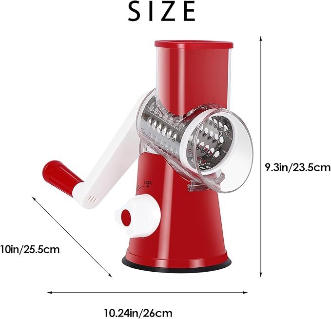 Ourokhome Rotary Cheese Grater Hand Crank, Kitchen Shredder Speed Mandolin Slicer Nut Grinder with Handle and Drum Blades for Cheese, Vegetable, Walnut, Chocolate, Potato, Carrot, 3 Blades, Red