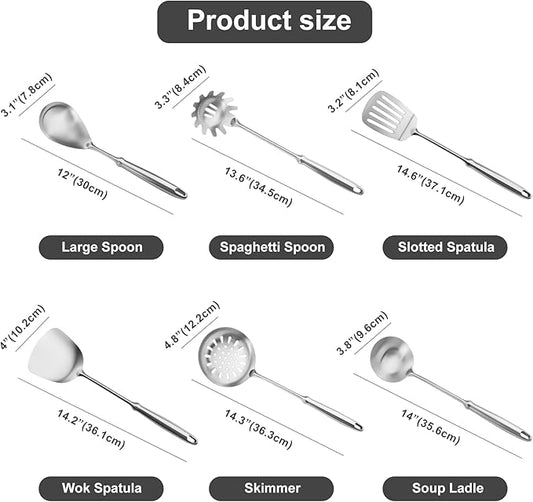 Stainless Steel Kitchen Utensils Set,6 PCS Metal Cooking Utensils Set,Large Spoon,Spaghetti Spoon,Wok Spatula,Skimmer,Soup Ladle etc(Dishwasher Safe)