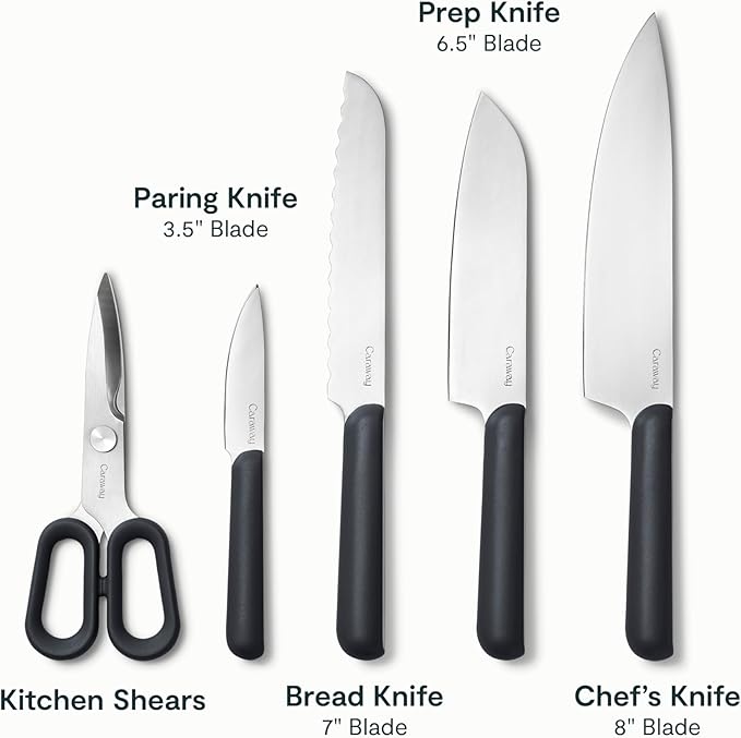 Caraway 14-Piece Kitchen Prep Set - Kitchen Knife Set & Wooden Utensil Set - Made With Premium German Steel Blades & FSC-Certified Birch Wood - Non-Toxic Materials - Includes Organizer - Charcoal